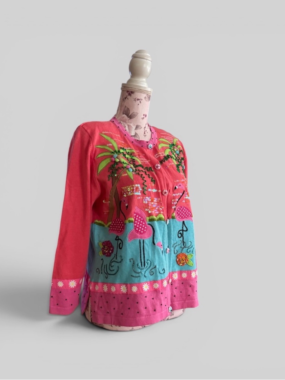 Vintage Jack B. Quick Embroidered Coral and Pink Flamingo Sequin Cardigan - Picture 3 of 4